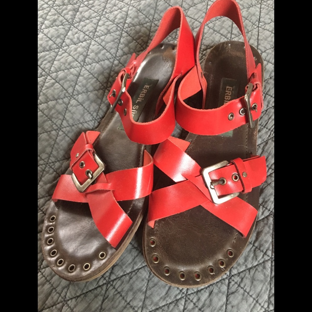 Red Leather Sandals. Erbil Suel. European Size 40.